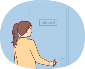 Indecisive woman pulls hand to door with inscription closed stands with back to screen. Girl is discouraged and does not know what to do after store is closed due to bankruptcy