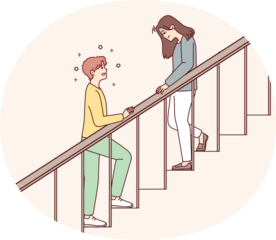 Woman with head down goes down stairs and positive man is waiting for beloved girlfriend downstairs. Teenager in love wants to meet girl whom he met when he climbed stairs