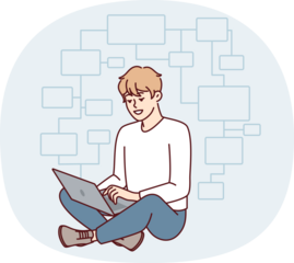 Young man programmer sits cross-legged on floor with laptop on lap and creates web application. Guy IT developer thinks over flowchart modern website or blockchain project