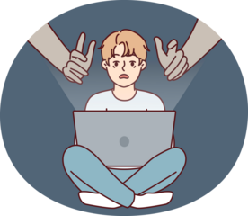 Giant hands reaching out to teenage boy using laptop with internet without parental control. concept of danger of using gadgets by children due to possibility of identity theft