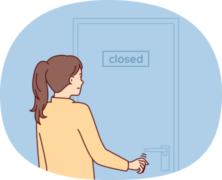 Indecisive woman pulls hand to door with inscription closed stands with back to screen. Girl is discouraged and does not know what to do after store is closed due to bankruptcy