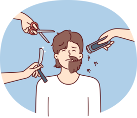 Hands with scissors and shaving devices around man with partially trimmed beard. Half-shaven guy is embarrassed about not wanting haircut or badly chosen barbershop