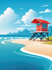 A coastline landscape featuring a lifeguard hut, fluffy clouds in the sky by ai generated