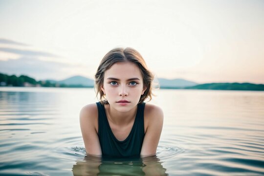 Beautiful girl sitting in the water, pond, summer sunset