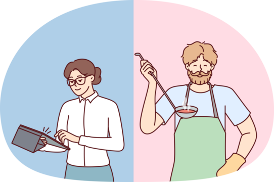 Brutal man preparing food for family while woman doing business or working in office. Girl secretary with tablet computer and bearded guy in apron with ladle of soup in hand