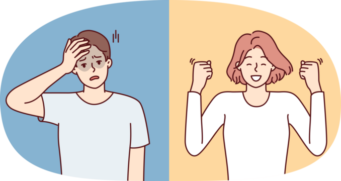 Cheerful woman makes victorious wave of hands and unhappy man clutching head. Casual girl and guy with different moods for concept of different reactions to events or news