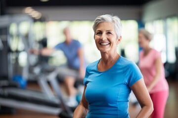 Fototapeta premium Portrait of a focused mature woman doing resistance band exercises in a gym. With generative AI technology