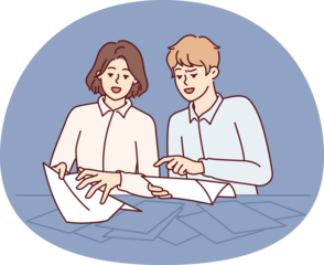 Man and woman are standing near table sorting through business documents in search right letter from partners or tax notice. Guy and girl studying contracts from large number pages