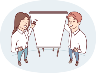 Man and woman office employees stand near empty flipchart carry out business presentation. Top view of guy and girl pointing with hands at sheet of paper for advertising services