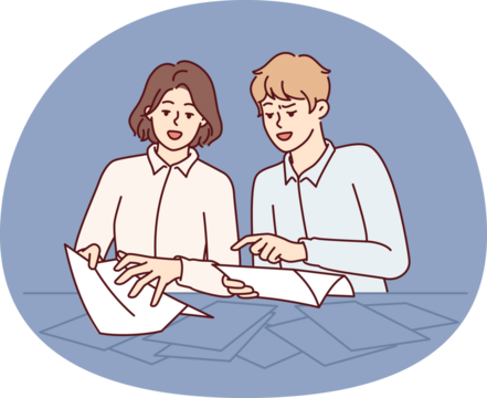 Man and woman are standing near table sorting through business documents in search right letter from partners or tax notice. Guy and girl studying contracts from large number pages