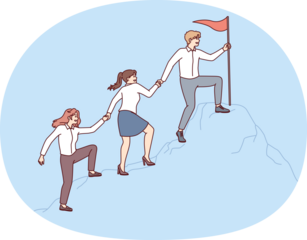 People in business attire climb mountain holding hands to reach flag at top. Concept of corporate leadership and success in career ladder with active interaction between employees