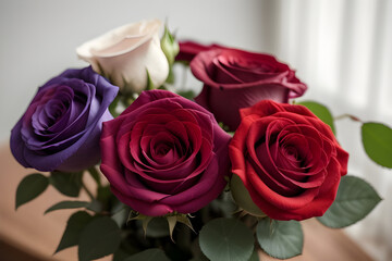 A bouquet of colorful roses with a soft-focus background