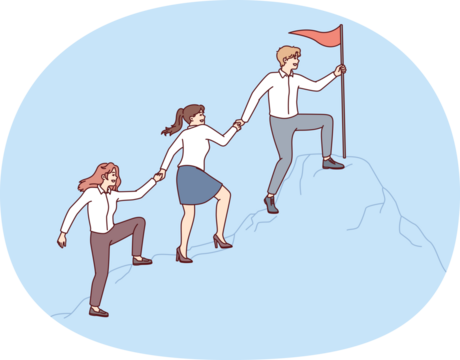 People in business attire climb mountain holding hands to reach flag at top. Concept of corporate leadership and success in career ladder with active interaction between employees
