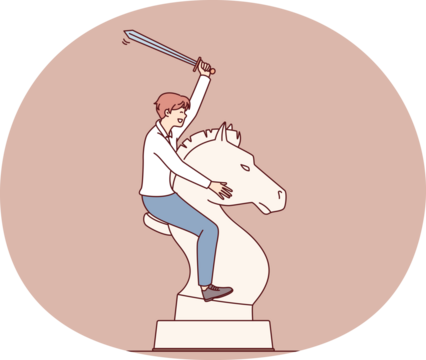 Man with sword astride huge horse chess piece symbolizes determination and readiness for bold action. Business concept of competition between corporation managers