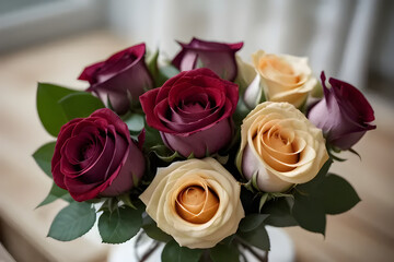 A bouquet of colorful roses with a soft-focus background