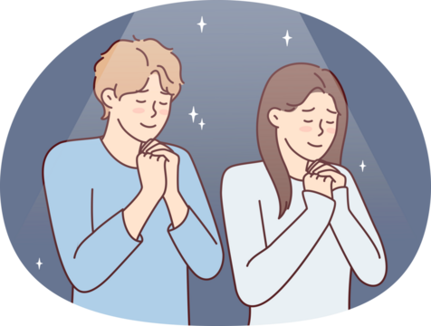Positive man and woman praying asking god for happy marriage. Young couple stand with eyes closed and clasping palms in front of chest together performs religious ritual