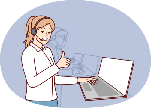 Woman in headphones for call center stands near laptop and looks at camera showing thumbs up. Girl employee of psychological support service or software user consultation smiling - Powered by Adobe