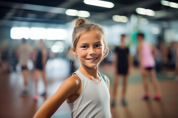 Portrait of a fitness kid female doing aerobics in a gym. With generative AI technology