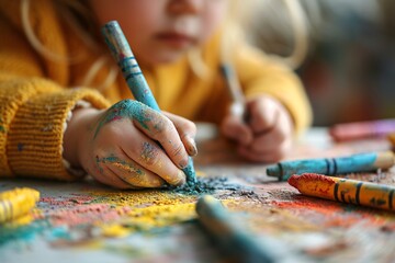 Young child sketches with pastel chalk on pale desk for paternal celebration. - obrazy, fototapety, plakaty