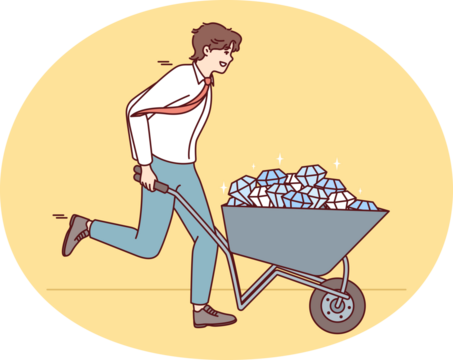Successful man in shirt and tie runs with cart filled with diamonds. Gemstones symbolize highly profitable niche for starting own business or startup with high margins and no risks