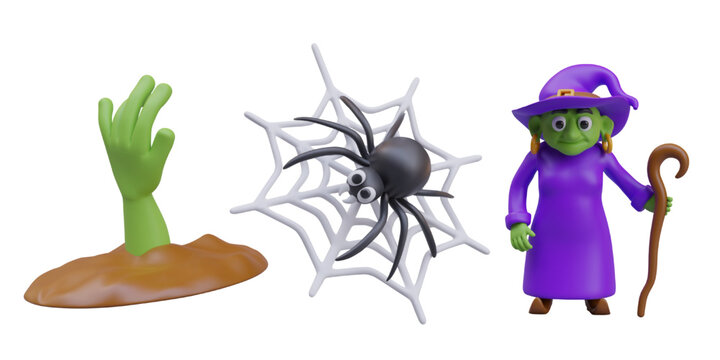 Zombie dead men woke up from sleep. Cartoon spider weaves web, realistic witch with green face and purple costume. Halloween collection. Vector illustration in 3d style