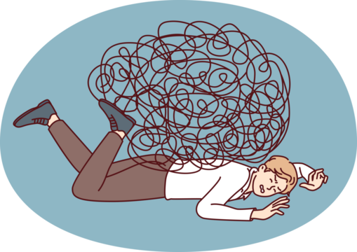 Depressed businessman lies on ground face down under heavy load of tangled lines. Guy in office clothes is tired of fighting because of stress at work and frequent overload