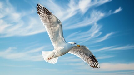 A lone seagull soaring against a backdrop of azure sky.