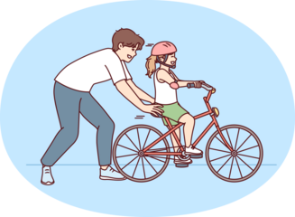 Loving father helps pre-teenage daughter learn to ride bike. Happy childhood for little girl in helmet learning to ride bicycle under supervision of caring dad or brother