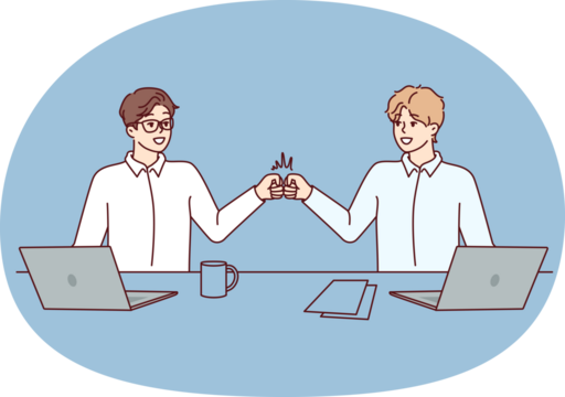 Two man managers bang their fists celebrating successful completion of deal. Guys in white shirts stand near table with laptops saying goodbye after finishing work