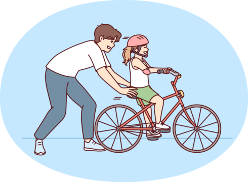 Loving father helps pre-teenage daughter learn to ride bike. Happy childhood for little girl in helmet learning to ride bicycle under supervision of caring dad or brother