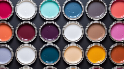 Flat lay open cans of color paint, top view. - obrazy, fototapety, plakaty