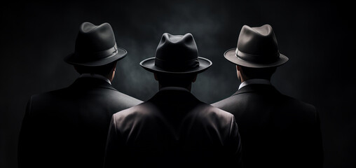Old fashioned detective or mafia in hat on dark background, black and white color
