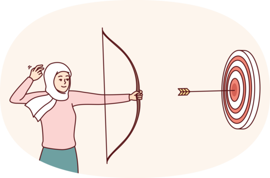 Woman in Islamic headscarf covering hair shoots at target with arrows hitting middle. Girl in hijab holding bow for concept determination and desire to succeed in work and business - Powered by Adobe