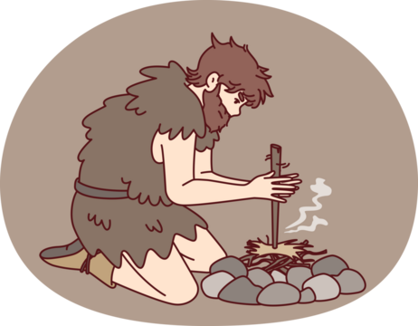 Primitive man on knees near stones for first time breeds bonfire using stick and friction force. Ancient human homo sapiens with beard dressed in skin animal learn to make fire - Powered by Adobe