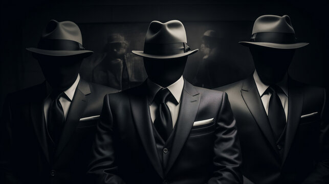 Old fashioned detective or mafia in hat on dark background, black and white color