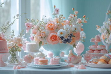 A table adorned with pastel-colored flowers and desserts, featuring a butterfly accent, springtime ambiance, suitable for festive celebrations or elegant gatherings
