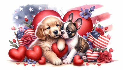 A captivating watercolor concept illustration for Valentine's Day, featuring a cute couple of puppies with a patriotic USA theme 01