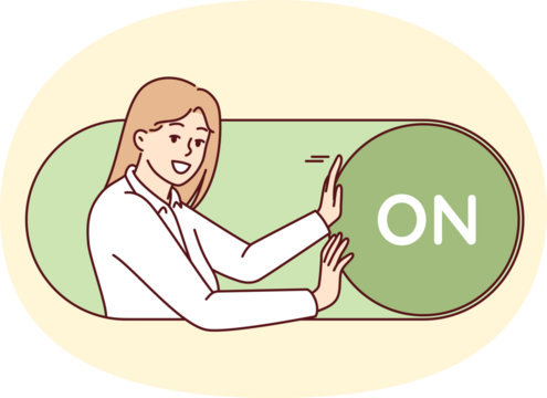 Smiling woman inside giant switch from web applications or internet site. Happy girl in white shirt launches new online service or activates previously disabled features - Powered by Adobe