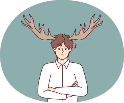 Disgruntled guy with deer horns on head stands with arms crossed and looks at screen with displeasure. Metaphor of man who suffered from infidelity of girlfriend or adultery wife