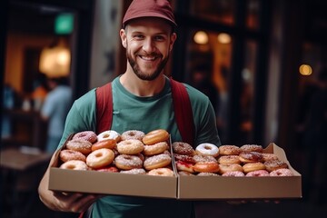 A young food delivery guy brought a whole box of colorful sweet donuts with different flavors. An advertisement for a pastry shop.