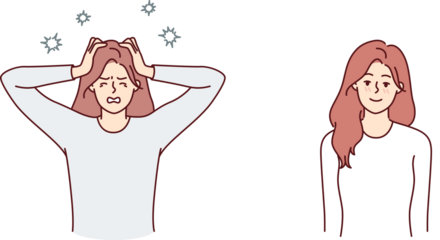 Woman in different psychological state clutches head due to mental disorder and smiles after healing. Concept psychological health and importance of seeing psychotherapist or taking antidepressants