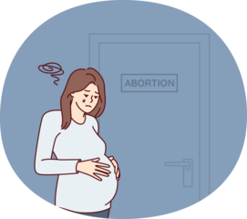 Upset pregnant woman stands near door with abortion sign needs psychologist after making difficult decision. Girl crying wants to terminate pregnancy due to unwanted insemination