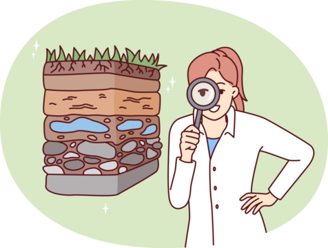 Woman scientist with magnifying glass is engaged in geology in search of deposits of valuable resources. Girl ecologist in white coat conducts examination of soil pollution