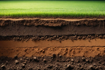 Underground soil layer of cross section earth, erosion ground with grass on top - obrazy, fototapety, plakaty