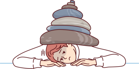 Man under pressure from stress and problems associated with performing work, lies on table with stones on back. Concept of business pressure caused by financial crisis or increased competition