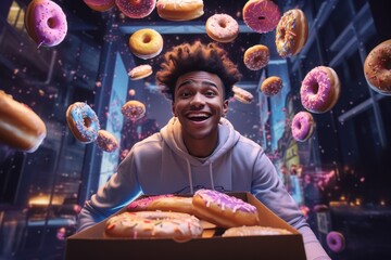A young African American food delivery guy holds box of colorful sweet donuts with different flavors. An advertisement for a pastry shop. An alternative reality, cyberspace. - obrazy, fototapety, plakaty
