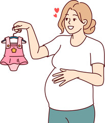 Pregnant woman with clothes for little girl in hand, dreaming birth of daughter. Pregnant lady, mother unborn child, chooses dress, imagining happy motherhood and opportunity to spend time with child