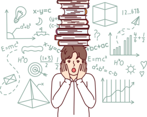 Frightened schoolboy with books on head feels fear of exam, stands near blackboard with formulas. Schoolboy experiences stress due to complex educational program for primary school students.