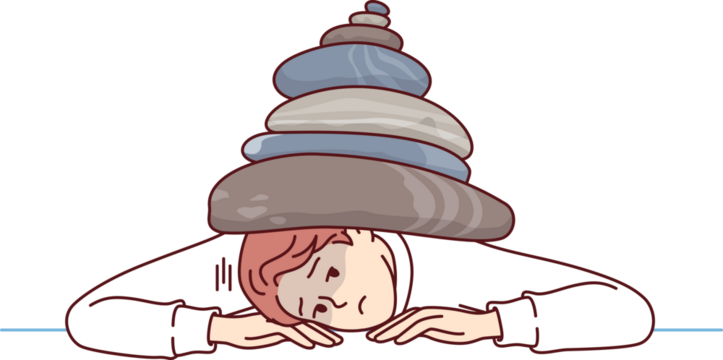 Man under pressure from stress and problems associated with performing work, lies on table with stones on back. Concept of business pressure caused by financial crisis or increased competition