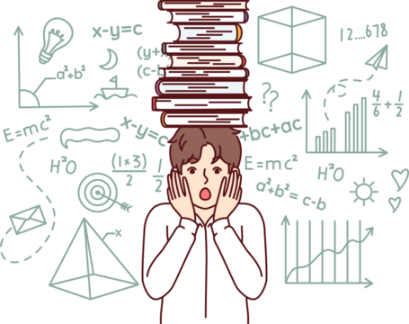 Frightened schoolboy with books on head feels fear of exam, stands near blackboard with formulas. Schoolboy experiences stress due to complex educational program for primary school students.